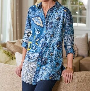 Soft Surroundings Blue and White Button Up Shirt Blouse Size PS